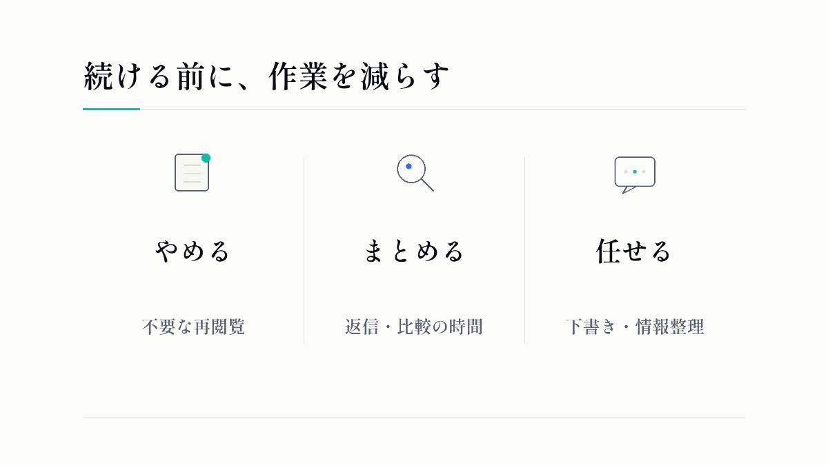 続ける前に、作業を減らす：やめる、まとめる、任せる。